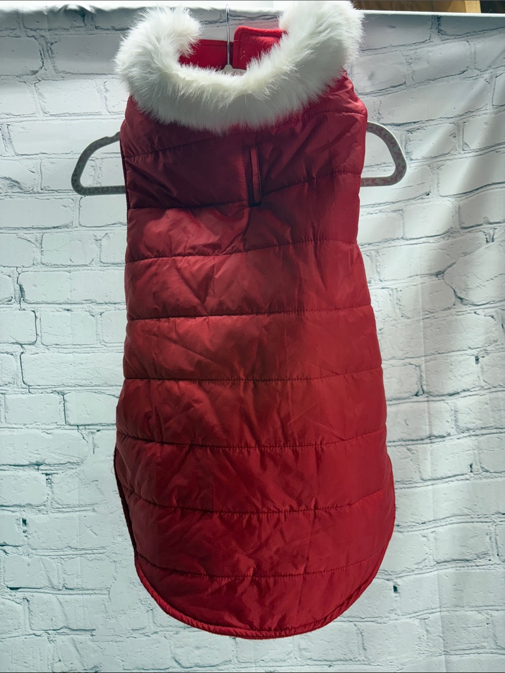 Red Faux-Fur Trim Dog Puffer Vest -